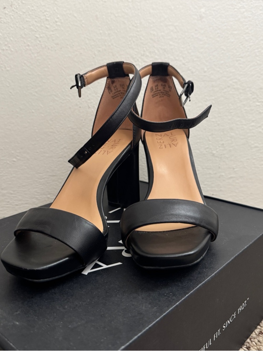 Naturalizer Joy Dress Sandals, Black Leather Ankle-Strap Block Heels, Worn Once